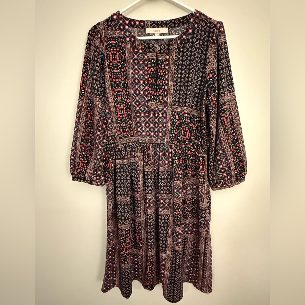 LOFT Black and Pink Geometric Long Sleeve Dress